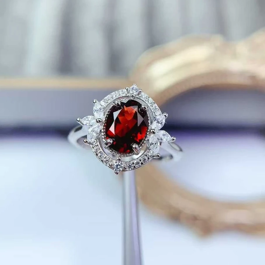 

Natural Garnet Ring 925 Silver Red Gemstone Ring 6mm*8mm 1ct Genuine Mozambique Garnet Jewelry with 18K Gold Plating