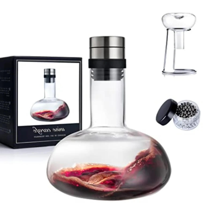 Set de Decantador de Vino YouYah, Garrafa para Vino Tinto con Soporte de Secado, Perlas de Limpieza y Tapa Aireadora, Aireador de Vino de Cristal 100% Hecho a Mano