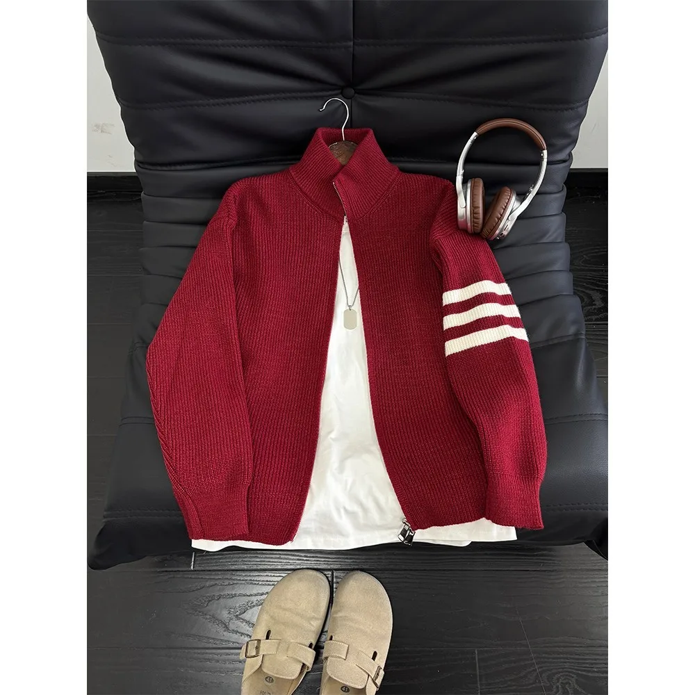 

Вязаный свитер с воротником в полоску цвета бордо для мужчин и женщин, осенне-зимний, в американском стиле, повседневный, свободного кроя, с длинными рукавами