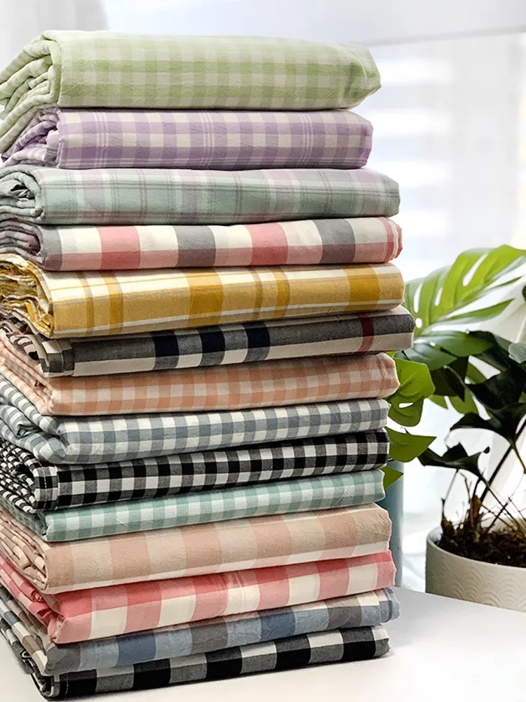 Washed Cotton Plaid Fabric By The Meter for Sewing Bed Sheet Clothing Pillowcases Tablecloth Cloth Soft Breathable Black Green