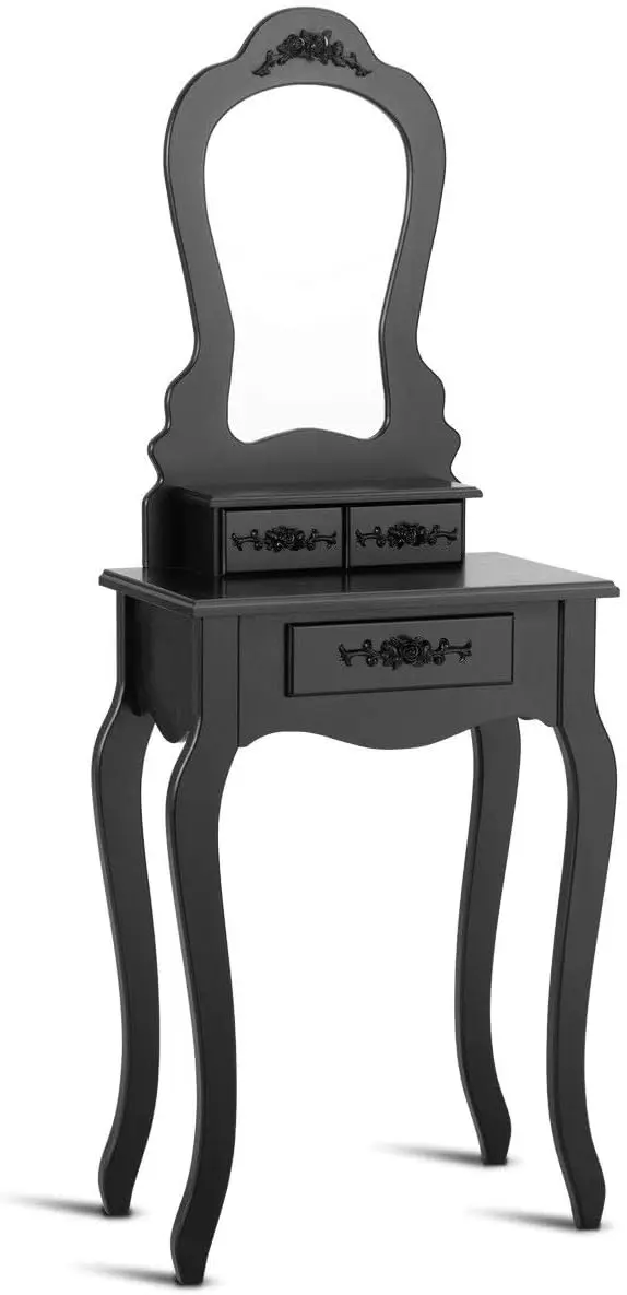 Bathroom Vanity Wood Makeup Dressing Table Stool Set with Mirror (Black)