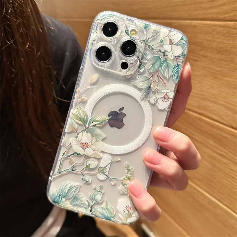 Transparent Magsafe Magnetic Flower Branch Case iPhone 16 13 12 14 15 Pro Max 11 15 Plus Wireless Charge Shockproof Clear Cover