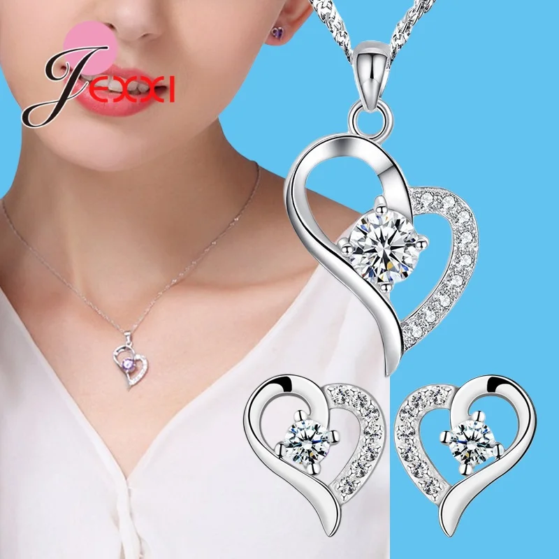 

43 Models 925 Sterling Silver Jewelry Sets for Women Wedding Engagement Shiny Cubic Zircon Heart Charms Necklace Earrings