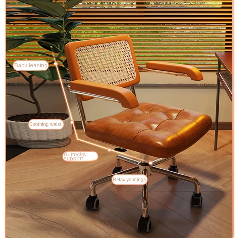 Silla giratoria Retro de ratán para ordenador, asiento de oficina japonés, cómoda silla de escritorio de almacenamiento con reposabrazos