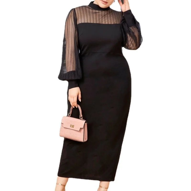 2024 Plus Size Women Dresses OL Commute Mesh Splicing Half High Collar See-through Long Dress Large Size Casual Elegant Dresses