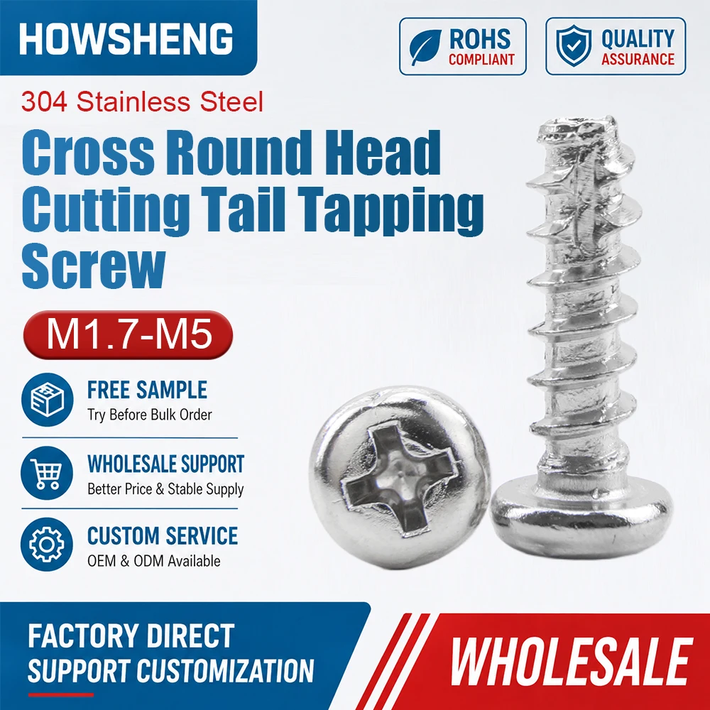 10-100pcs Phillips Pan Head Cutting Tail Self Tapping Screws 304 Stainless Steel Cross PT Round Screws M1.7 M2 M2.3 M2.6 M3-M6
