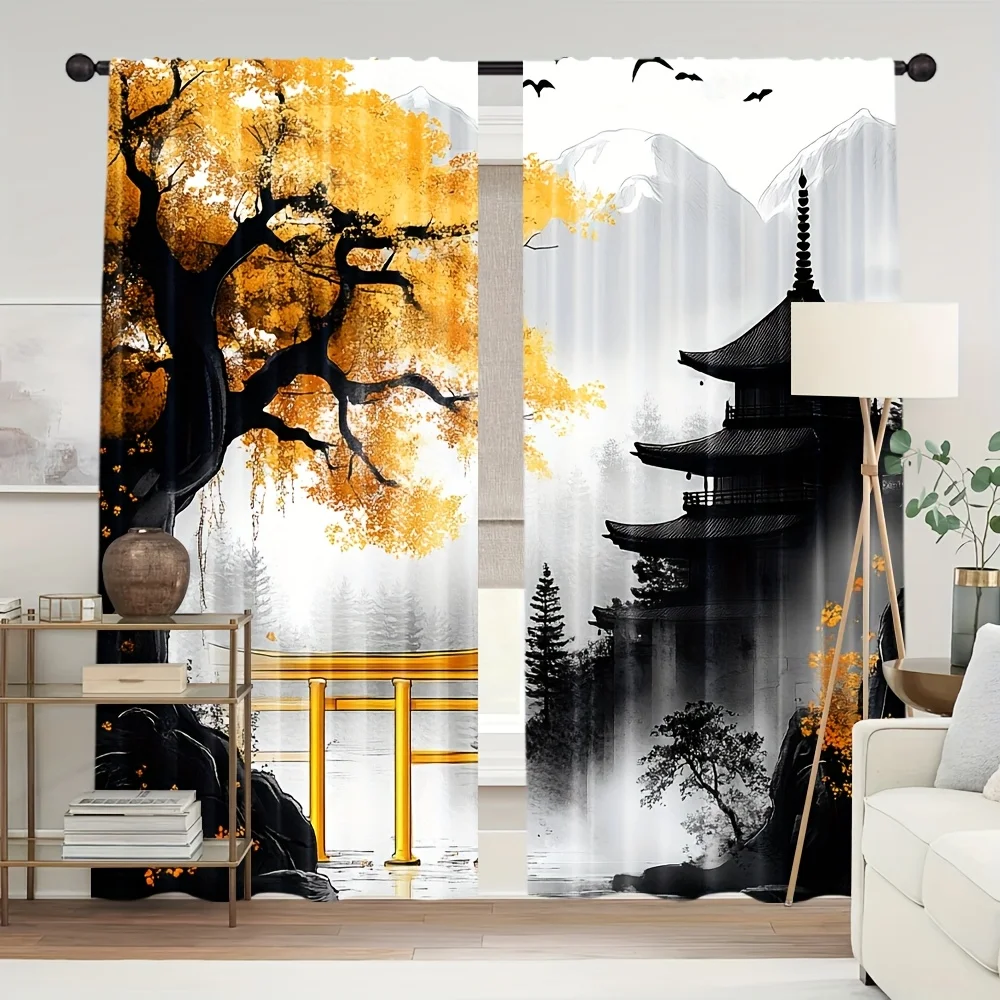 2pcs Japanese Zen Landscape Curtains Golden Tree Torii Gate Print Window Drapes for Living Room Bedroom