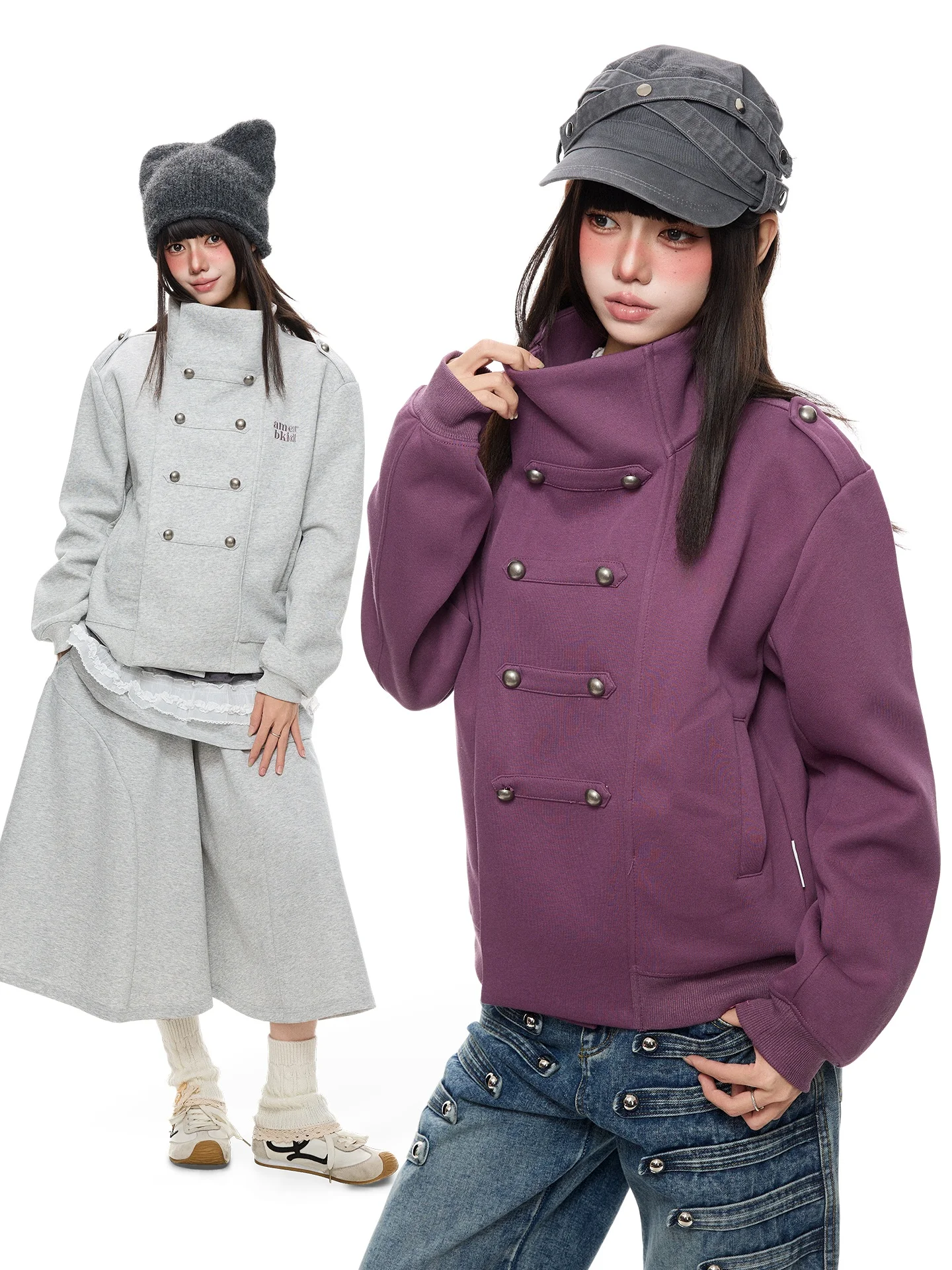 K787 Napoleon American Retro Double Button Loose Sweatshirt with Embroidery Unisex Stand Collar Casual Style Cotton Polyester