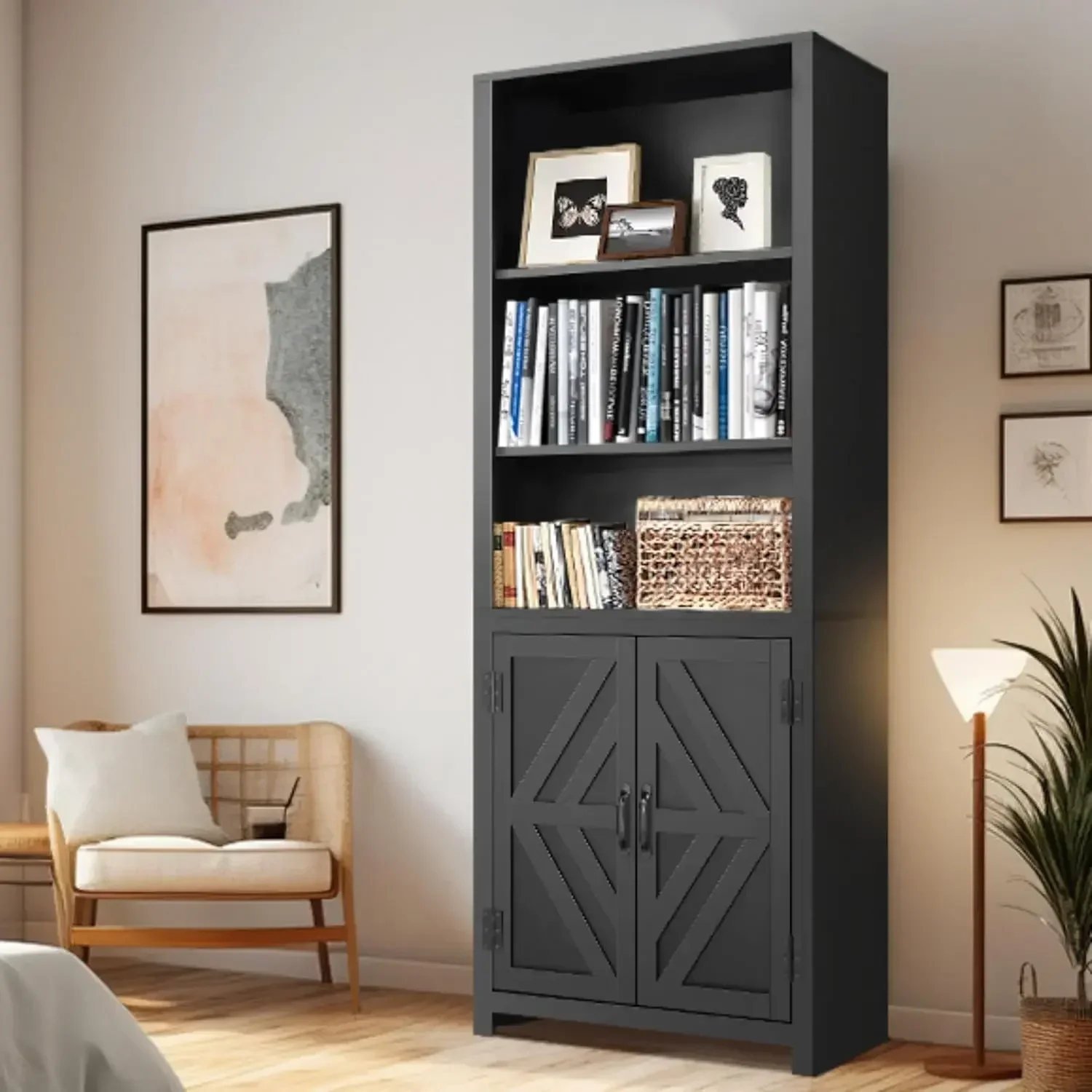 Tall Bookshelves, 5-Tier Farmhouse Bookshelf with Cabinet Doors, 71