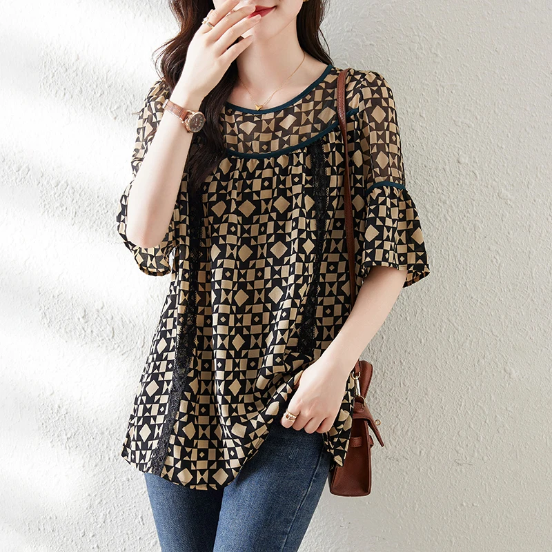 2023 Women\'s Silk O-Neck Flare Sleeve Shirt Summer New Geometric Print Short Sleeve Top Loose Large Slim Long T-shirt