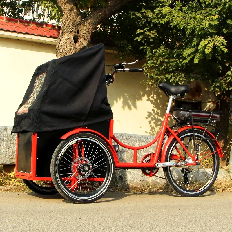 reverse tricycle family cargo bicycle electric car, with 1 child or pet, front door open