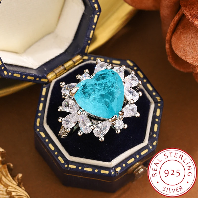 Exquisito anillo chapado en plata 925 para mujer, joyería de compromiso con anillo de circón de corazón Paraiba brillante