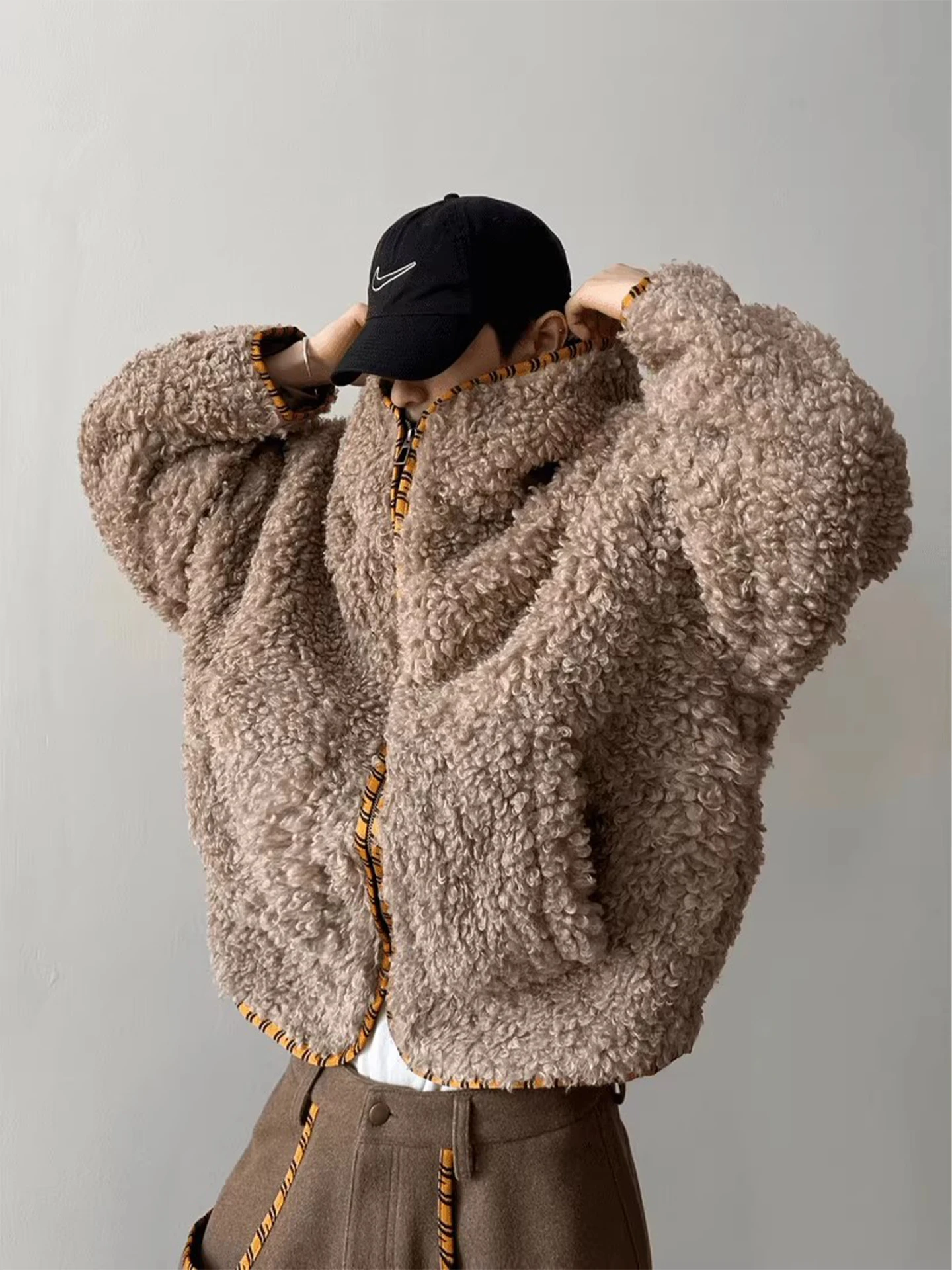 

Thiened American Retro Tiger Pattern Weave Belt Windproof Cotton Jaet Men's Winter Hooded Plu Warm Thi Cotton Coat