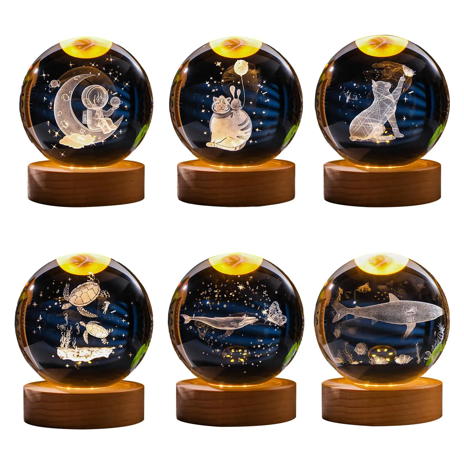 

2.4inch 3D Artificial Crystal Ball Night Light Romantic Wooden Base Desk Decoration for Children's Room Sturdy Multifunctional