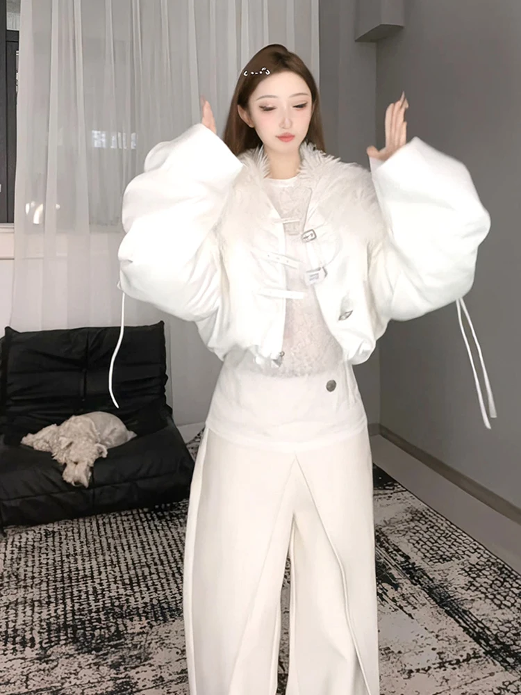 

Winter Short Lamb Wool Collar Cotton Down Jacket Women White Duck Down Drawstring Jackets Female Zipper Warm Parker Outwears