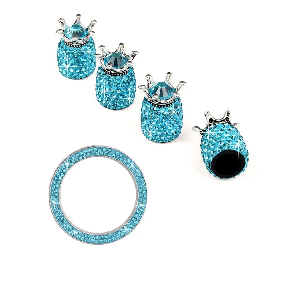

5Pcs Crown Shape Rhinestone Tire Dust Cap Car Stem Cap Blue Valve Start Ignition Button Ring Protect Dust Snow Prolong Tire Life