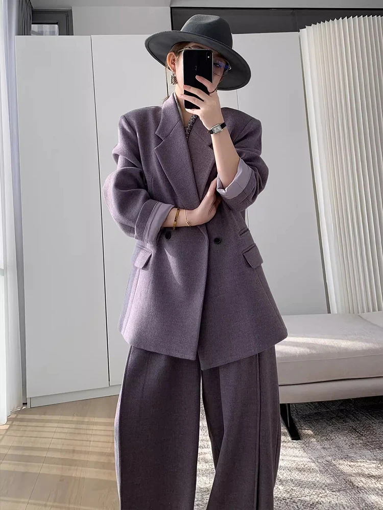 

Elegant Purple Suit Jacket And Casual Pants Set Women's Fashion Autumn Winter Outfit High Waist Long Pants Collar Loose Fit