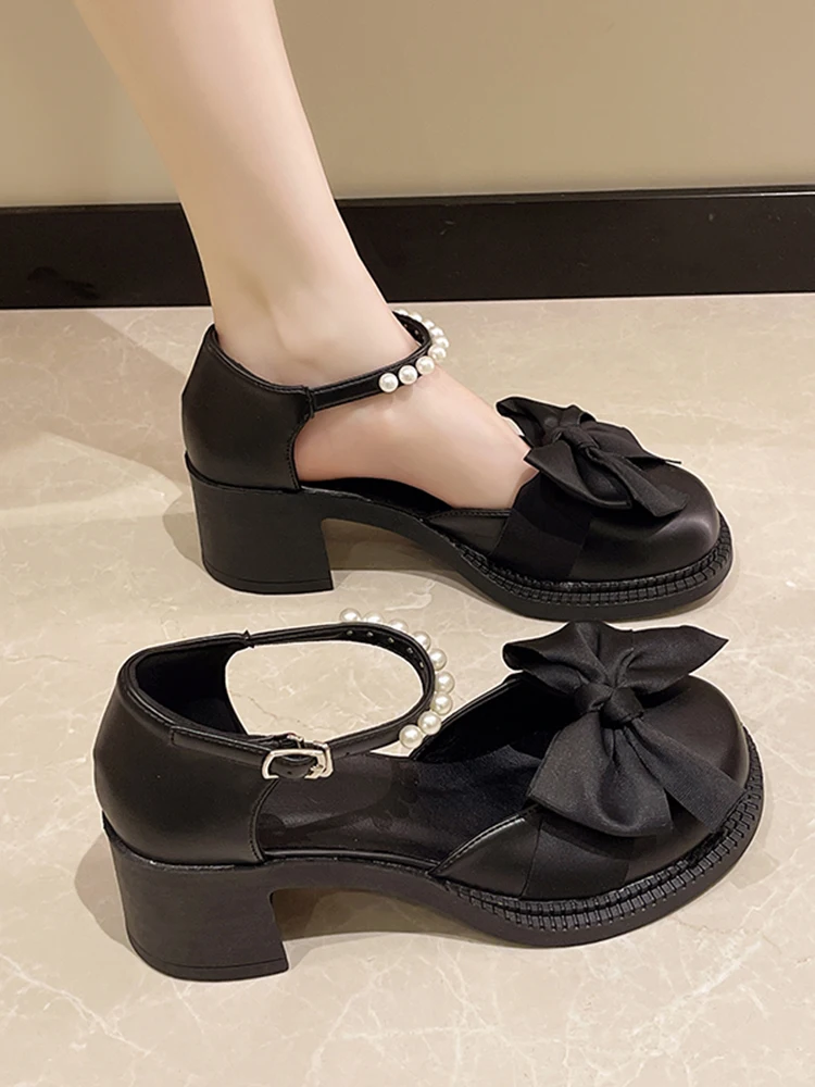 High Heel Sandal for Women Bow Shoes 2025 Summer All-Match Suit Female Beige Mary Jane Med High-heeled Block Comfort Fashion Bla