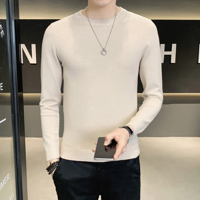 

Модный круглый трикотаж цвета хаки, мужской облегающий внутренний молодежный зимний универсальный цветной повседневный вязаный свитер