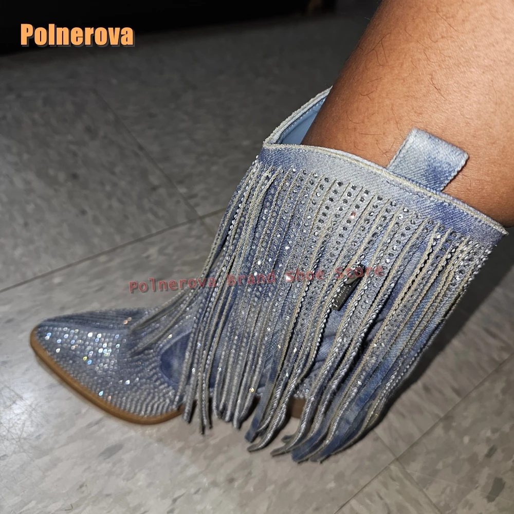 

Rhinestone Fringe Fashion Catwalk Boots 2025 New Style Autumn Pointed Toe Chunky Heels Pull On Sexy Blingbling Women Ankle Boots