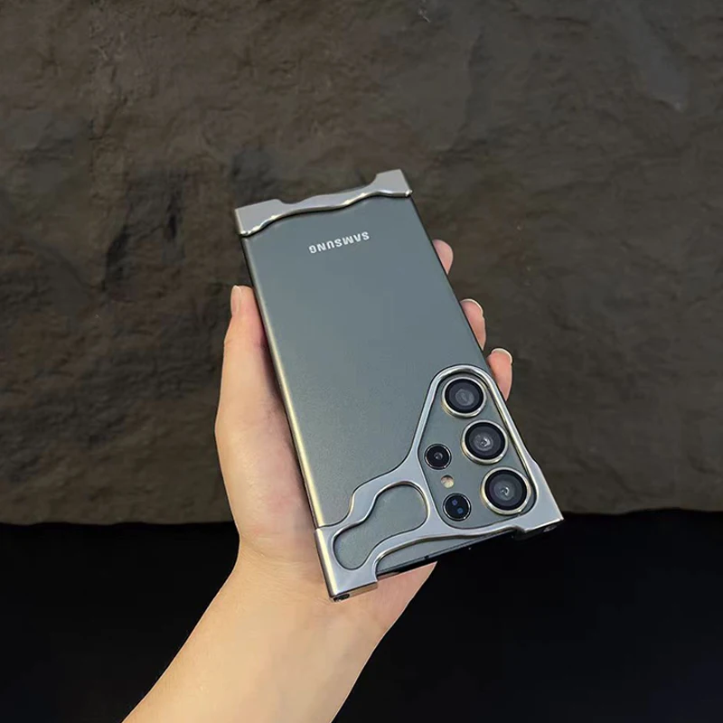 Funda de teléfono con parachoques de aleación de aluminio irregular para Samsung Galaxy S23 S24 Plus 25, película protectora de lente Ultra, cubierta de Metal a prueba de golpes
