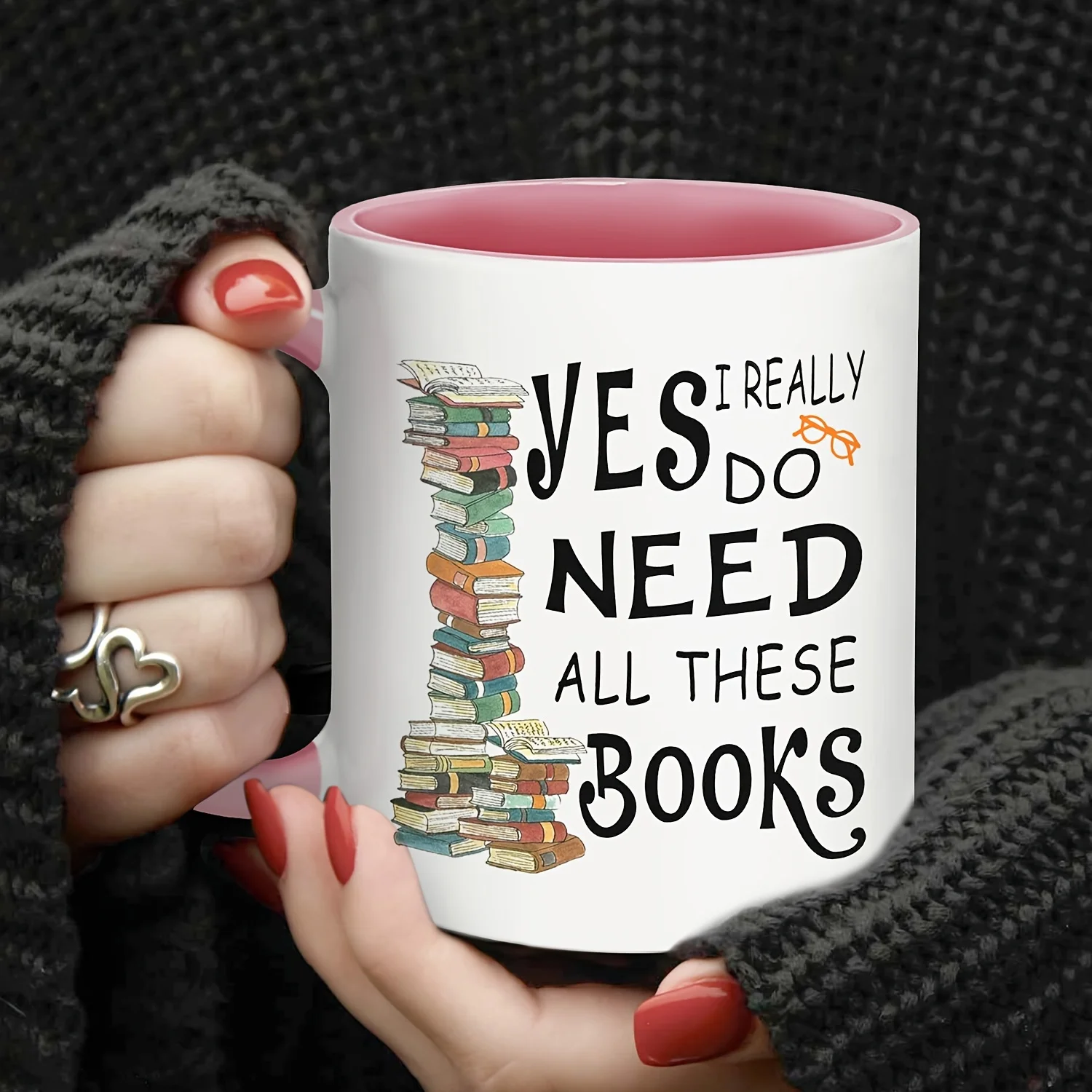 1 Book Worm Coffee Mug - Yes I Really Need All These Books - 11Oz Thermal Pink Mug, Book Stack Design - Birthday Gift, for Mom,