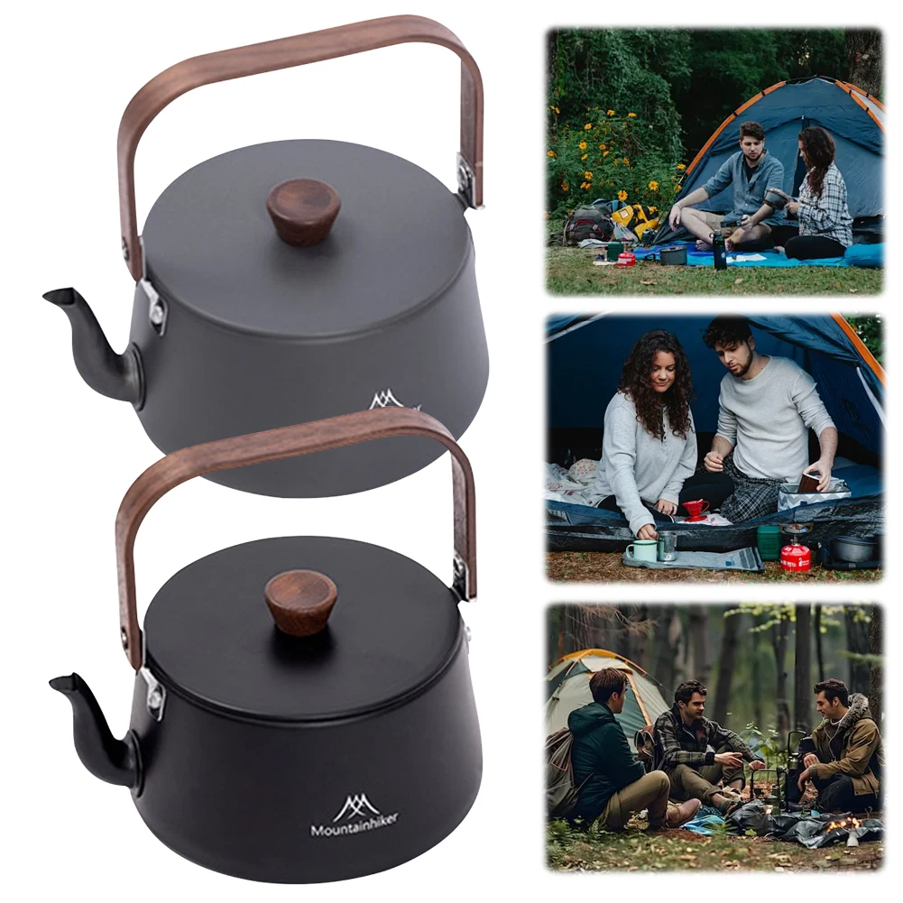 1.1L Camping Water Kettle with Wood Handle Teapot Coffee Pot Aluminum Alloy Boiling Stovetop Pot Tourist Cookware Supplies