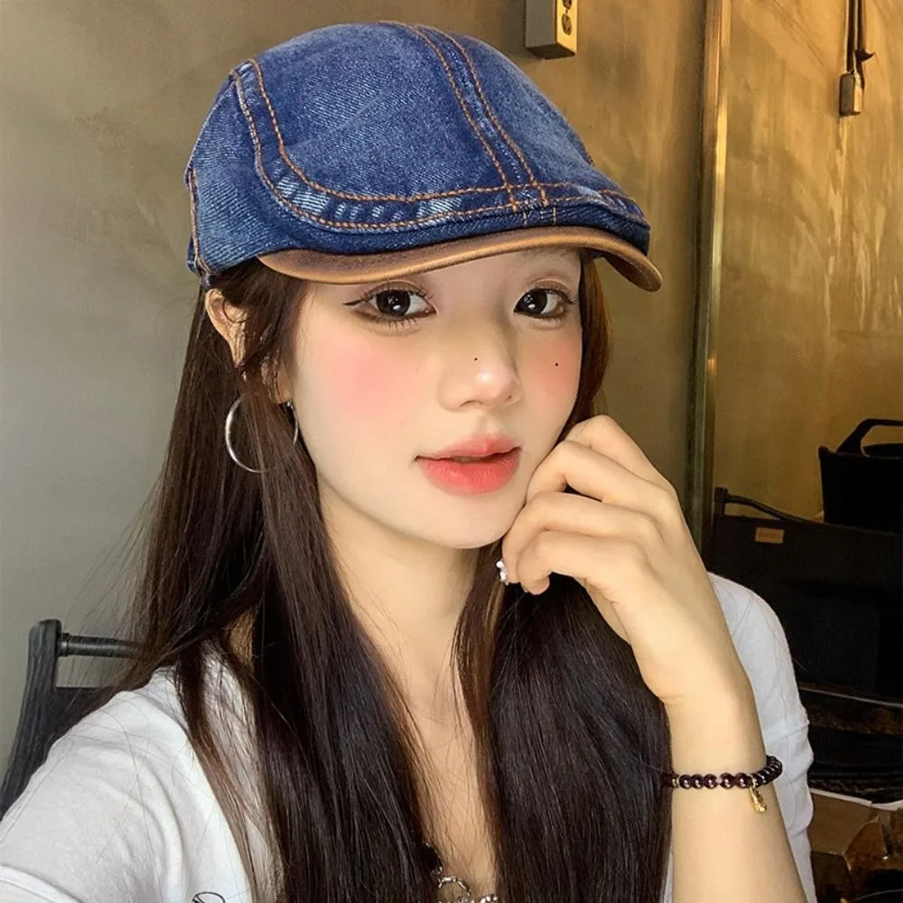 Fashion Cotton Washed Denim Newsboy Caps British Style Solid Color Peaked Cap Forward Hat Adjustable Painter Beret Women