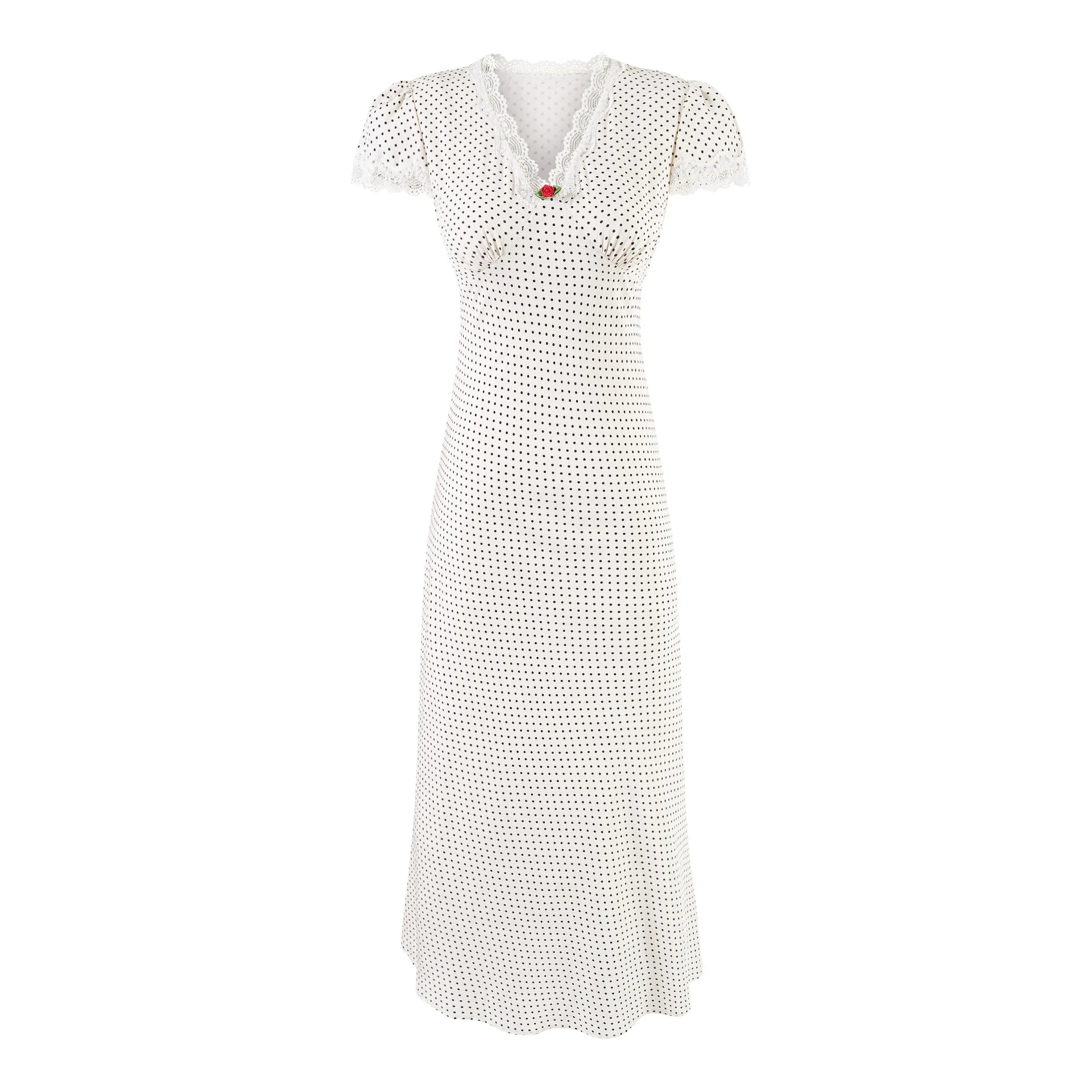 

Black Polka Dot Cinched Long Dress Women Flower Lace Trim V-neck Sleeve A-line Vestido Elegant Fashion Back Lace-up Maxi Dresses