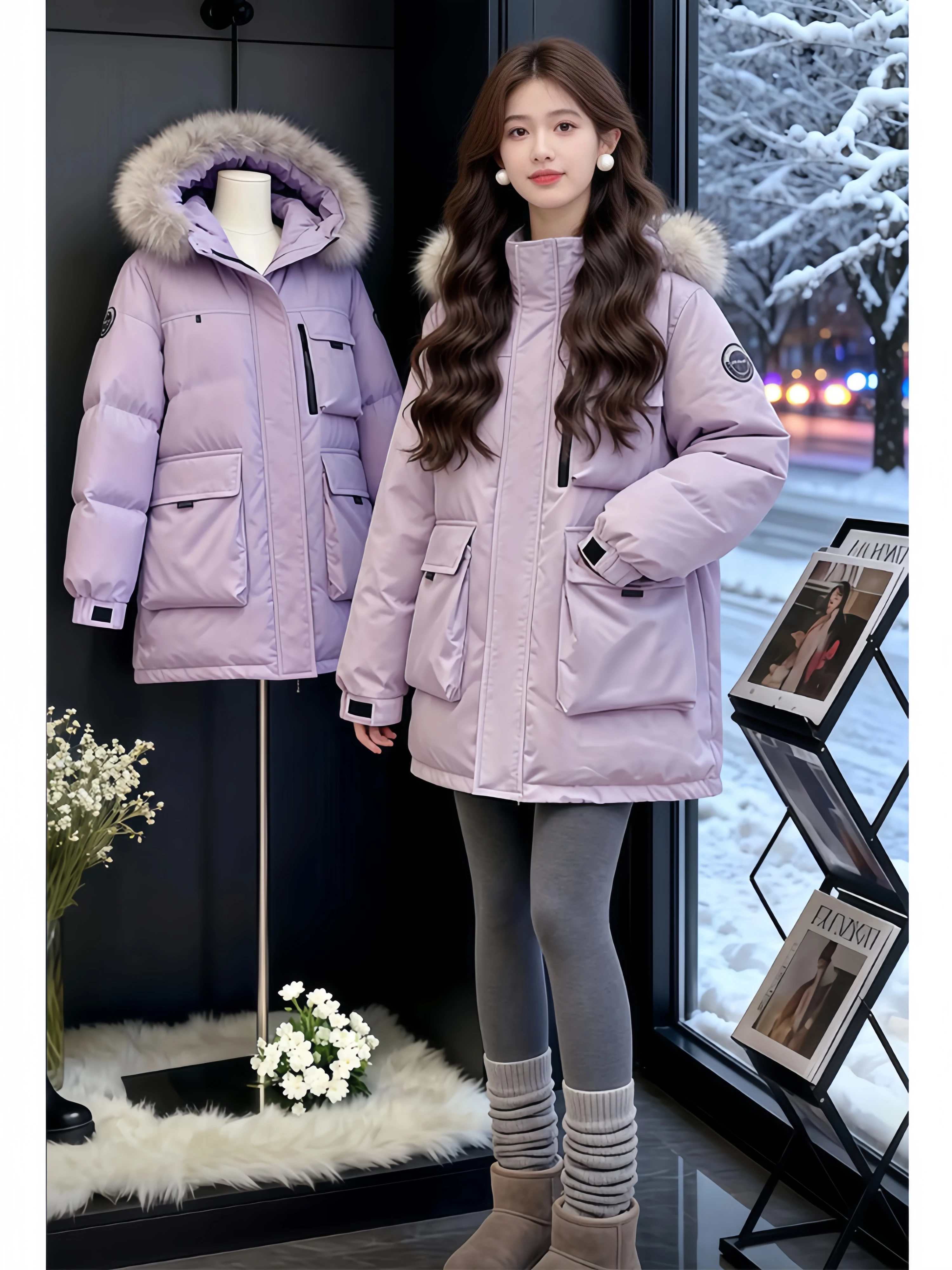 

Warmth plus Thickened Hooded Parka Women's down Cotton Jacket Coat Korean Style Commute Loose Fit Long Sleeve Zipper Closure