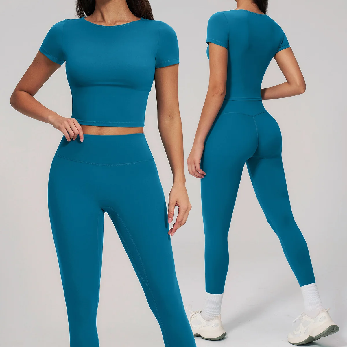 Women Yoga Set 2 Pieces Workout Sportswear Gym Clothing Fitness Short Sleeve Crop Top High Waist Leggings Sport Suits
