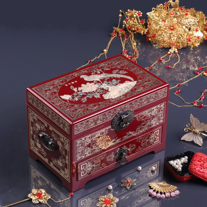 Inlaid solid wood Pingyao ancient style wedding dowry snail box retro lacquer makeup gift copper wire jewelry storage box gift