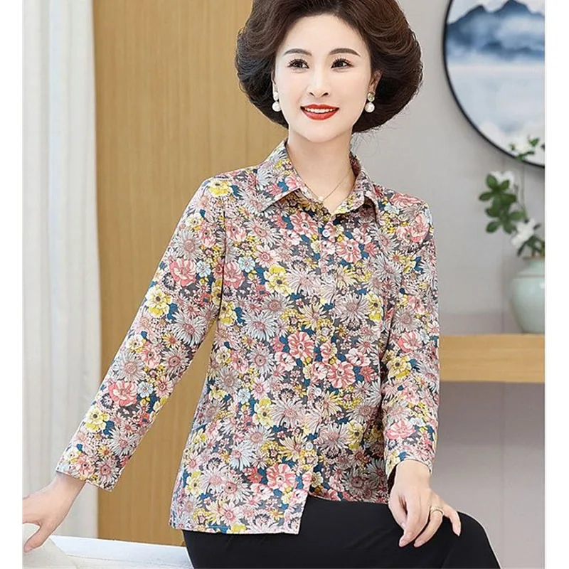 الصيف الإناث الطباعة المرقعة قميص معطف سيدة الموضة قمصان طويلة الأكمام منتصف العمر أمي حجم كبير 5XL سترة بلوزة #6