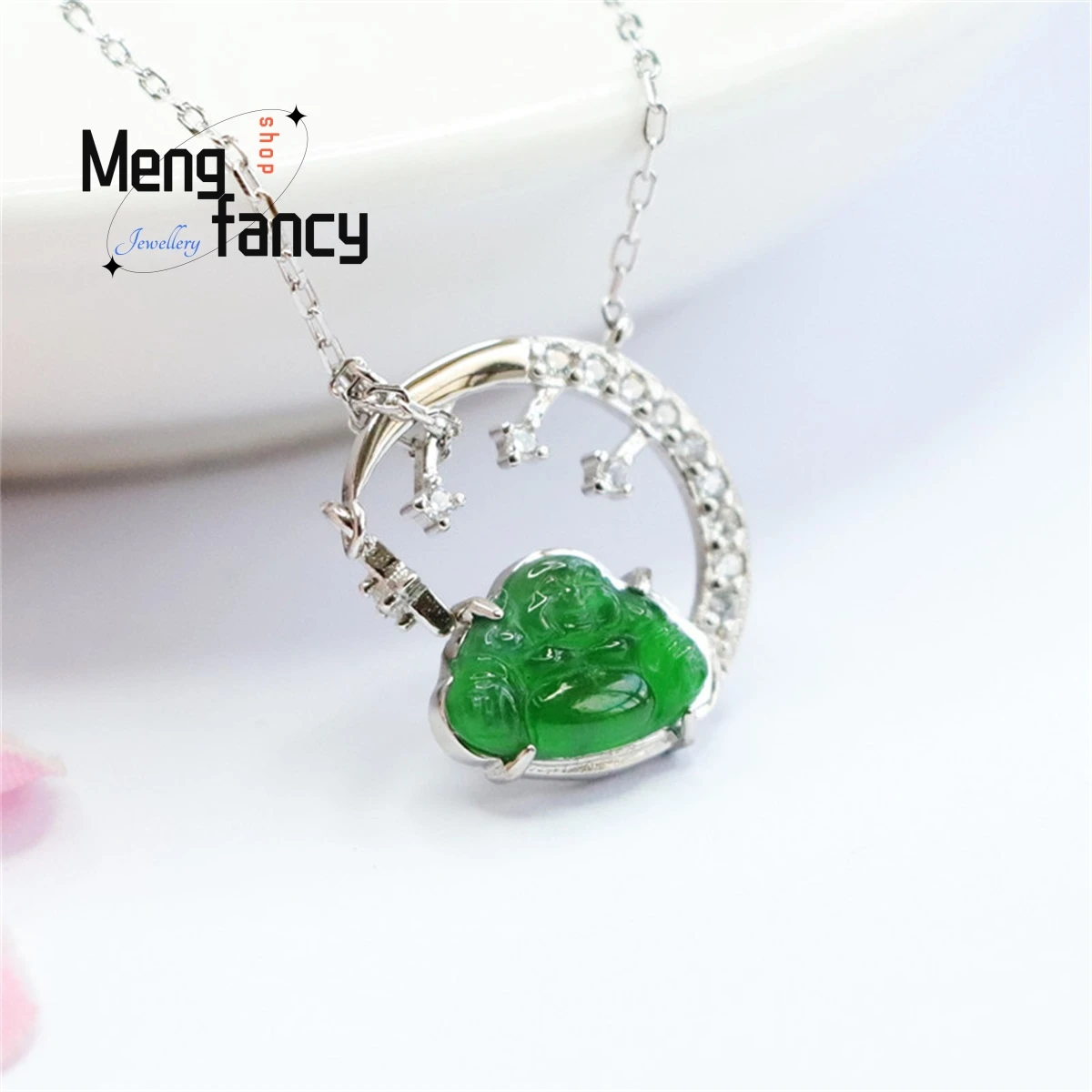 Natural S925 Silver Inlaid Ice Jadeite Emperor Green Buddha Necklace Elegant Personalized Fashion Versatile Exquisit Jewelry