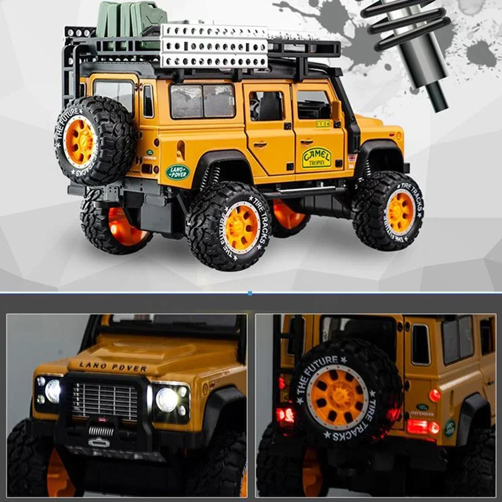 1:28 Land Rover Defender Toy Car Camel Trophy Alloy Diecast Pull Back Model Sound Light Metal Vehicles Children Gifts Collection