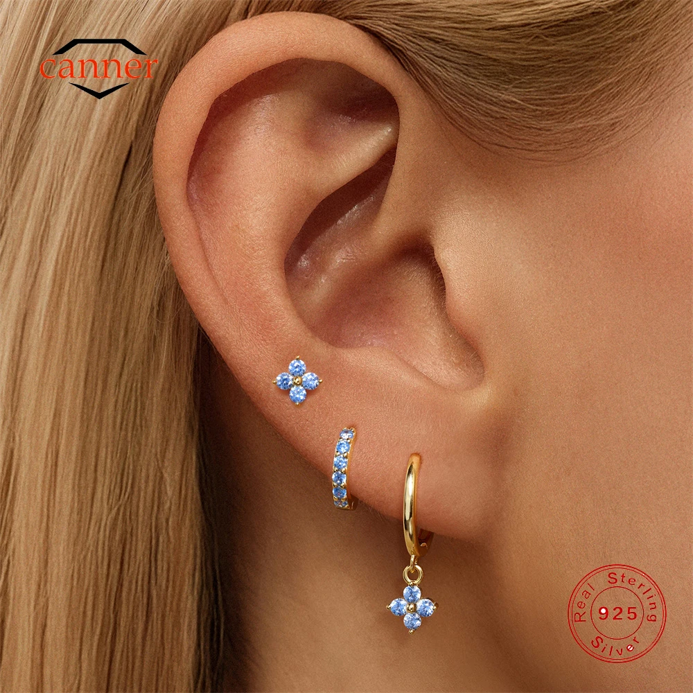 

CANNER 1 Set 925 Sterling Silver Blue Zircon Ptal Stud Earring Set Women Nose Puncture Cartilage Ear Studs Fine Jewelry Gift