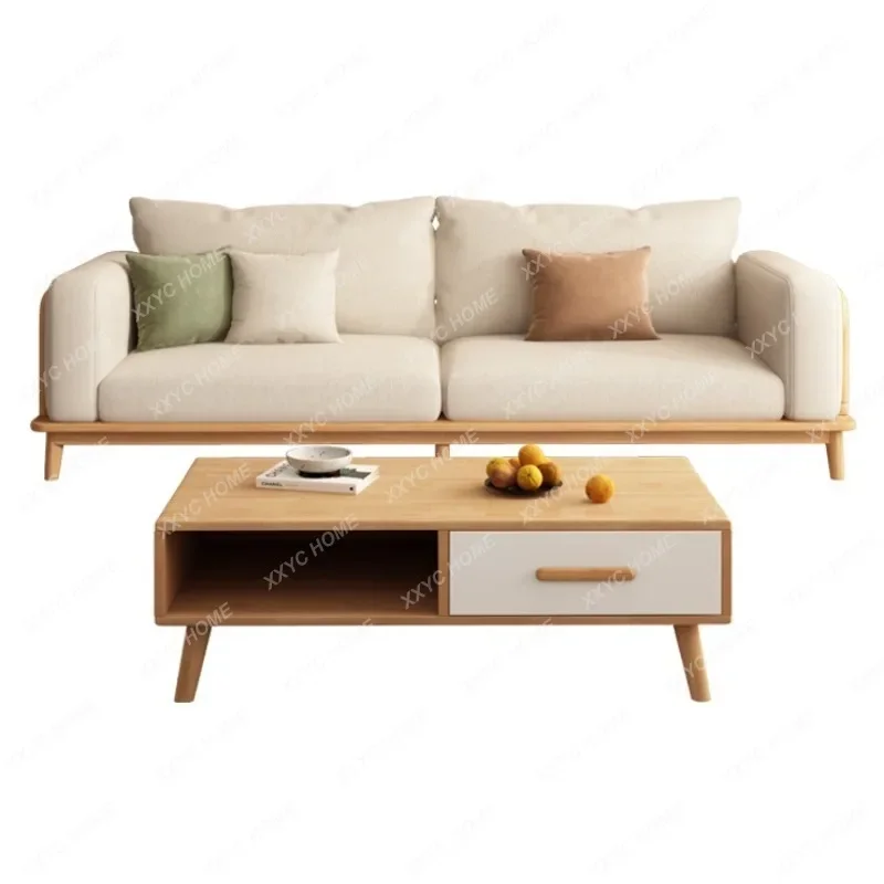 

Japanese Style Log Style Simple Small Apartment Living Room Furniture Straight Row Three-Seat Fabric Sofa