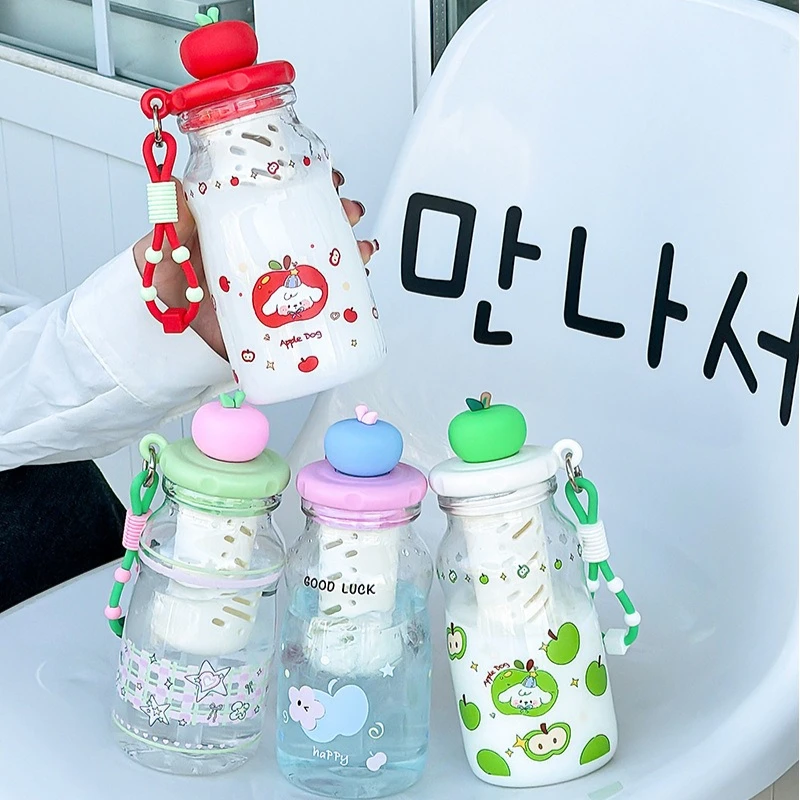 Vaso con Pajita Estilo Coreano con Diseño de Gato y Manzana, con Infusor de Té, Asa Portátil, Botella de Agua de Plástico para Niñas, Alta Estética