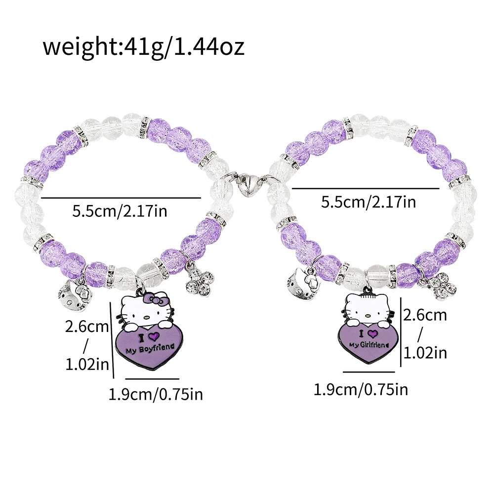 Sanrio Exquisite Cute Hello Kitty Bracelet for Men and Women, Purple Love Heart Bangle, Couple Jewelry Gifts