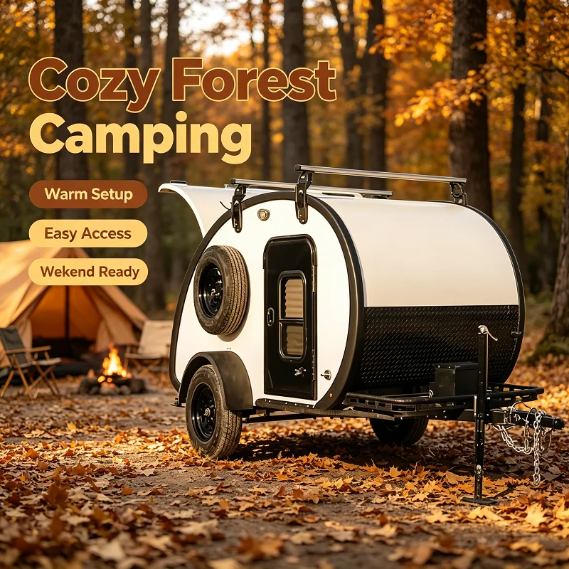 Towable Camper Trailer, Compact Travel Trailer Lightweight Shell with Cooking Zone and Sleep Area for Outdoor Nature Escape