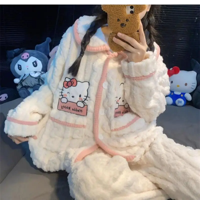 Kawaii Sanrios Hellokitty Sweet Girl Pajamas Set Autumn Winter Cute Long-Sleeved Velvet Thickened Casual Cartoon Home Wear Set