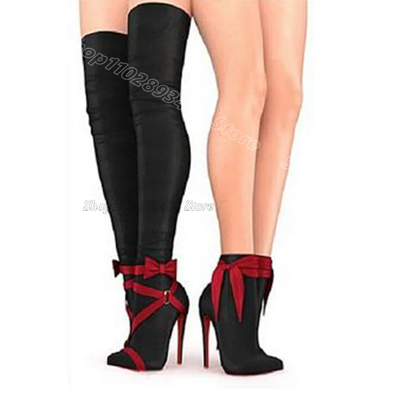 

Black Bowknot Decor Stiletto Boots Matte Leather British Style Spring Party Fashion Women Over Knee Boots Zapatos Para Mujere