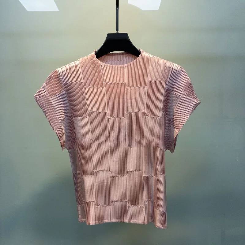 Miyake Pleated Short Sleeve T-Shirt 2026 Summer New French Style Glossy Satin Fashion Simple Elegant Casual Top Women's Clothing