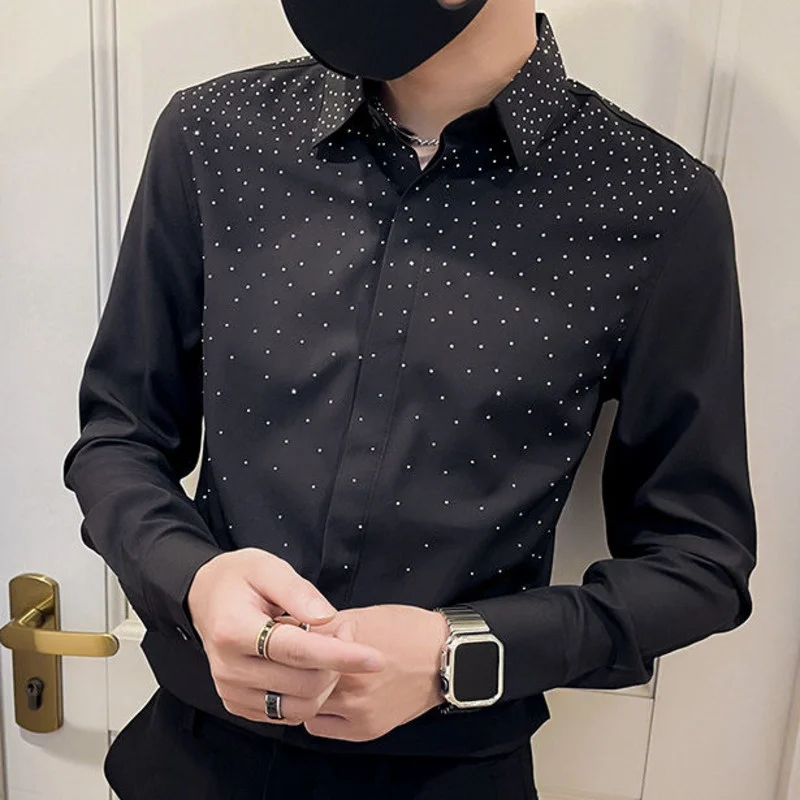 Rhinestone Shirt Men's Czech Long-sleeved Slim Casual Bottoming Shirt Nightclub Clothing Social Party Stage Singer Chemise Homme