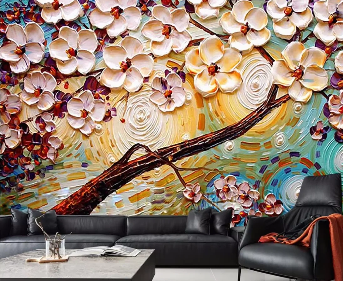 Custom size wallpaper relief plaster fortune tree mural home decoration three-dimensional flower patterns mural 3d wallpaper