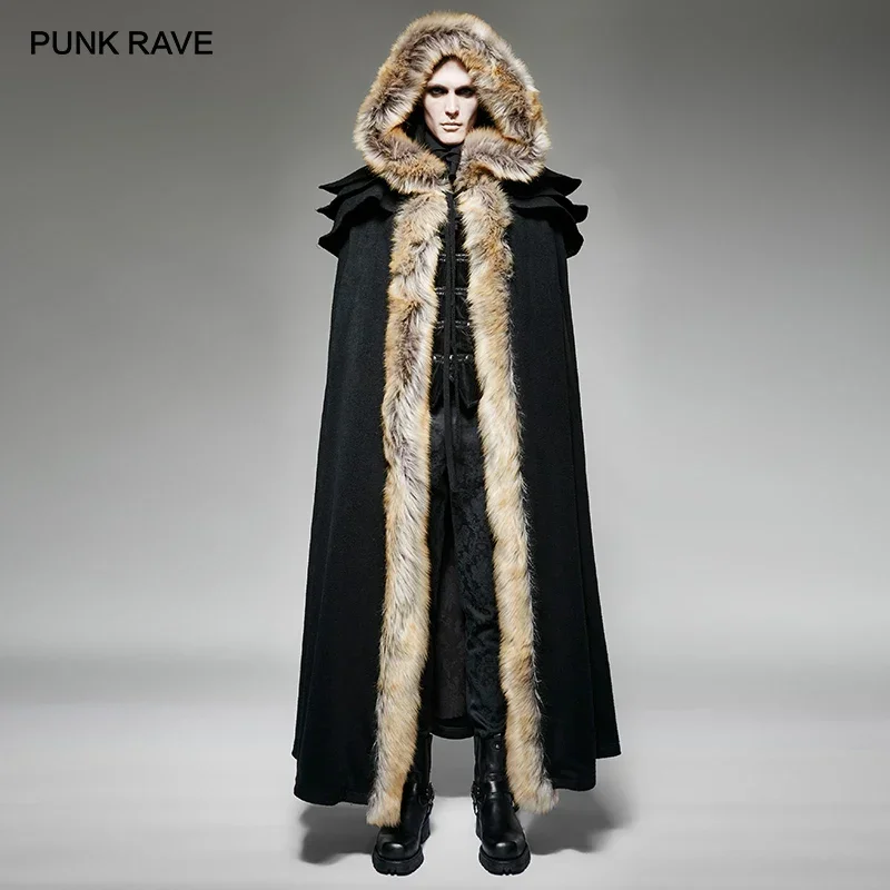 PUNK RAVE Gothic Novelty Men's Black Red Overbearing Winter Long Cloak with Fur Men Cosplay Party Palace Wool Jacket Cape Coat