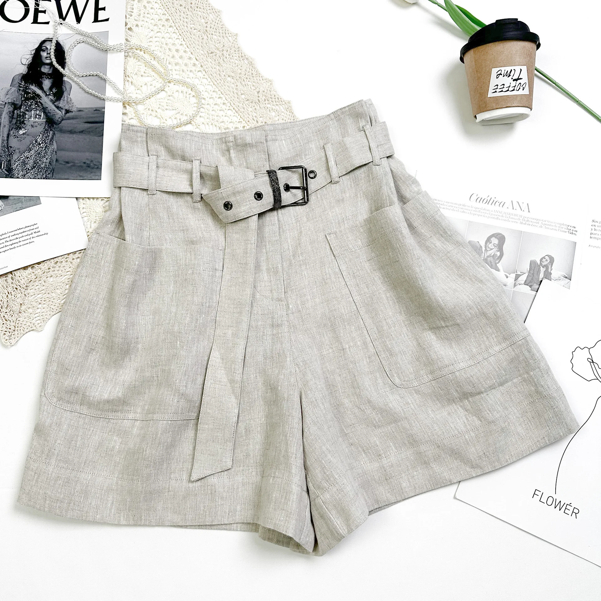 Calções de terno de linho feminino moda casual grânulo corrente cinto all-match shorts