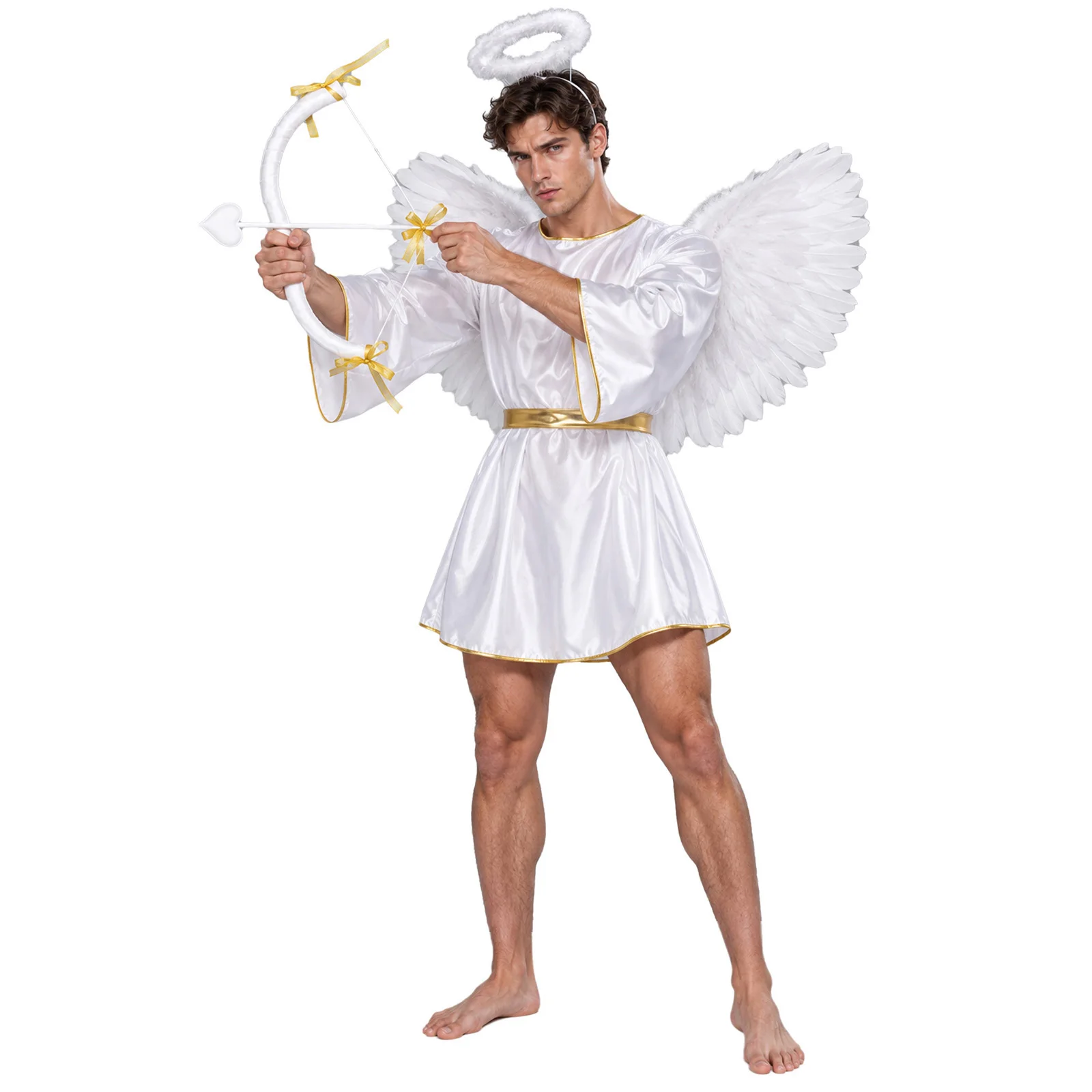 Disfraz de Ángel para Hombre, Disfraz de Cupido, Dios del Amor, para Halloween, Túnica con Mangas de Murciélago y Ribete Dorado, con Alas de Plumas, Tocado, Arco y Flecha