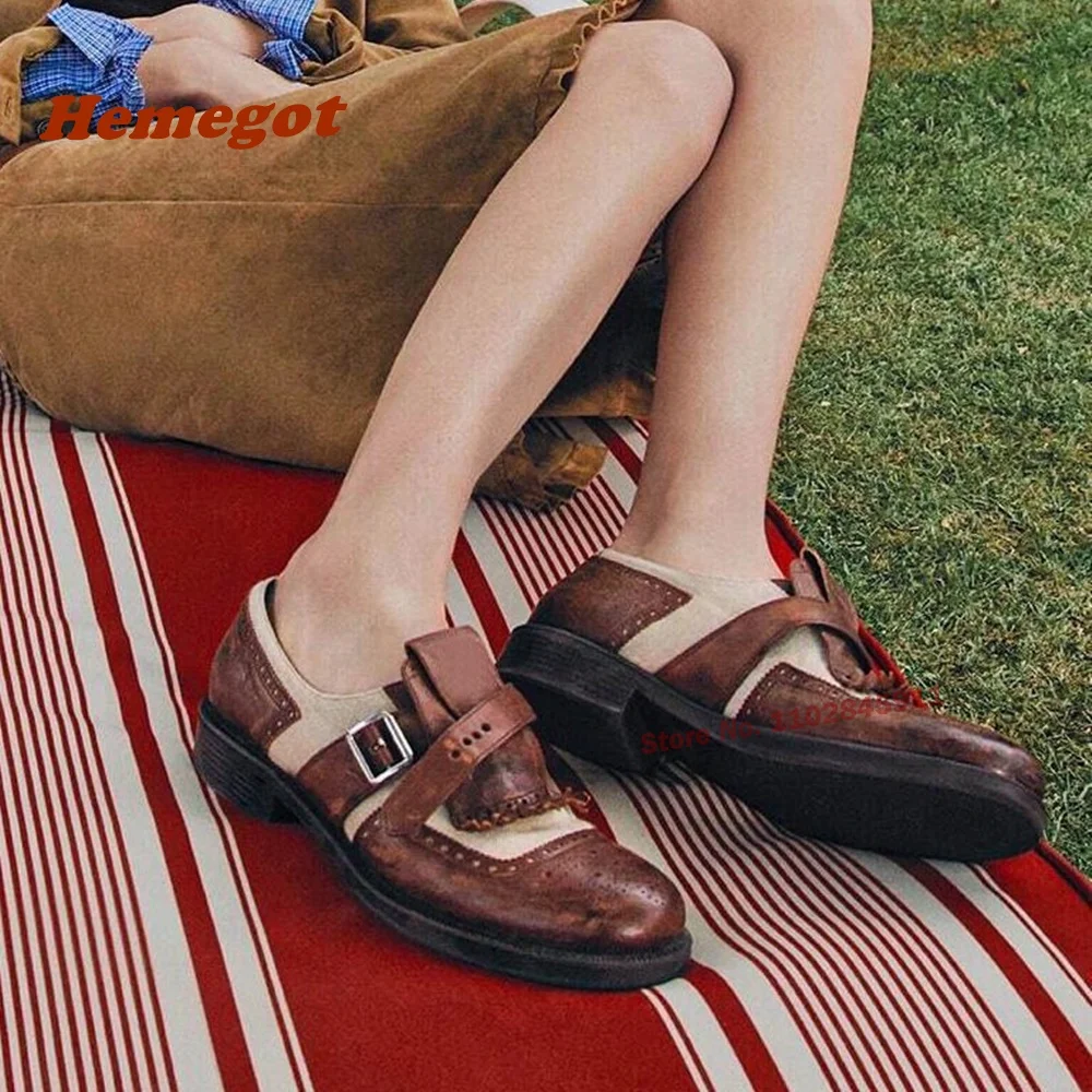 

Patchwork Brown Tassel Pumps Newest 2024 Round Toe Chunky Heels Buckle Fringe Women's Loafer Shoes Shallow Genuine Leather Sexy