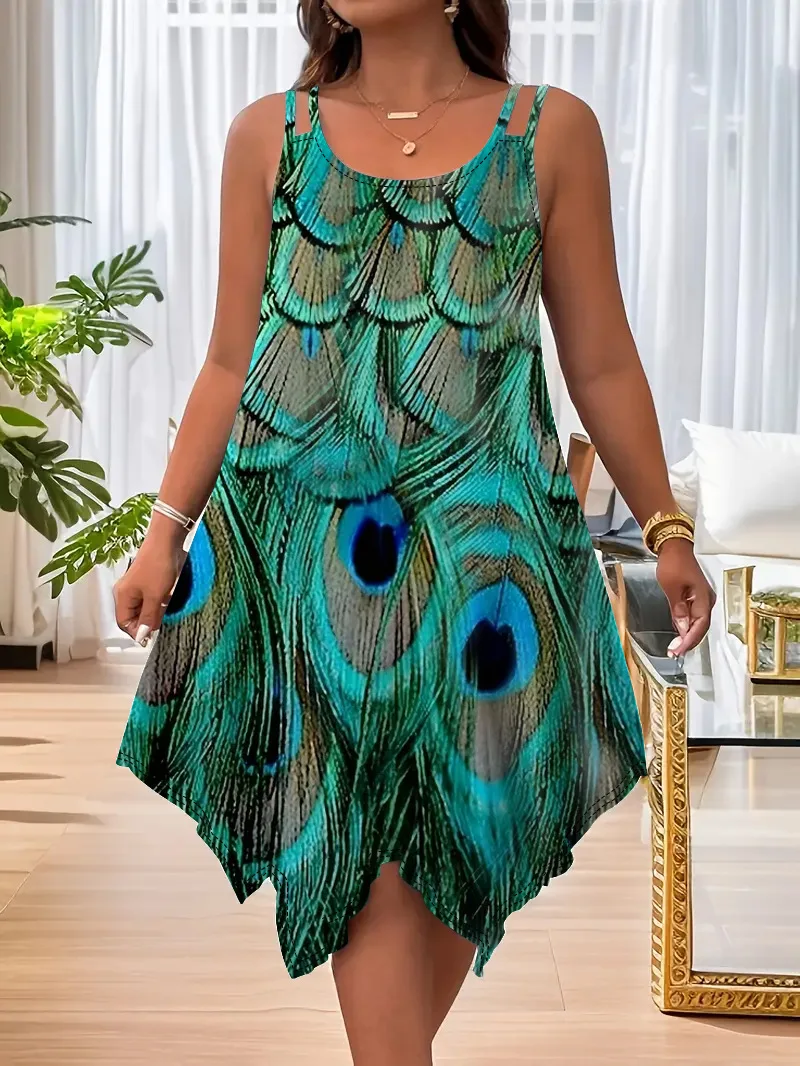 

Summer New Arrival Hot Selling Casual Black Peacock Green Printed Women's Plus Size Sleeveless Sexy V-neck Irregular Short Dress